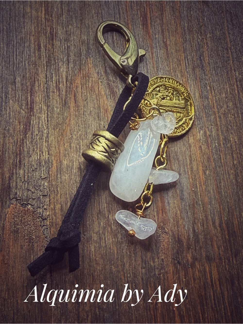 Black Suede, White moonstone Stone & Gold Coin Key Charm by Alquimia